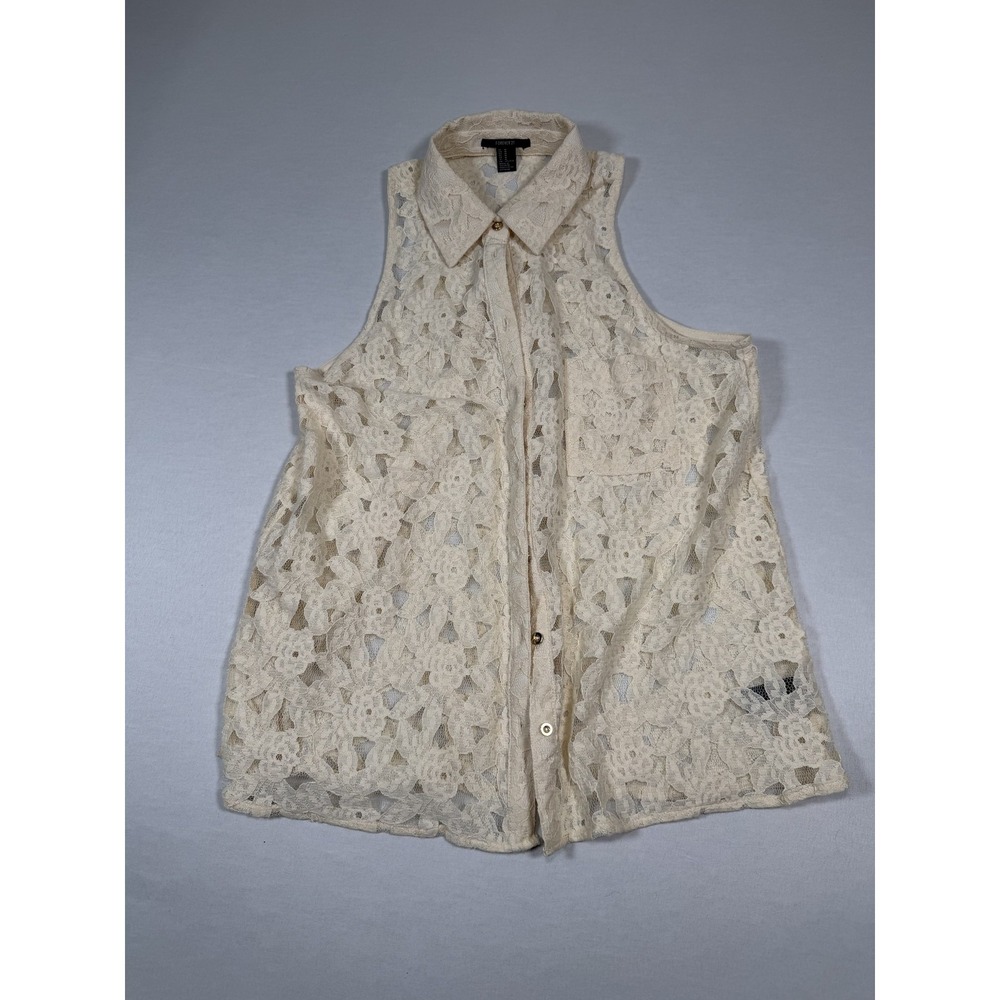Forever 21 Shirt Womens Medium White Lace Crochet Sleeveless Button Up Sheer